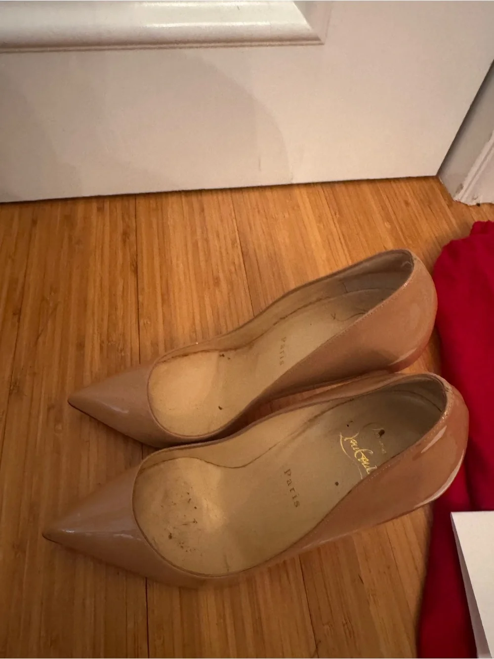 Christian Louboutin Blush Patent Pointed-Toe Stiletto with Red Sole